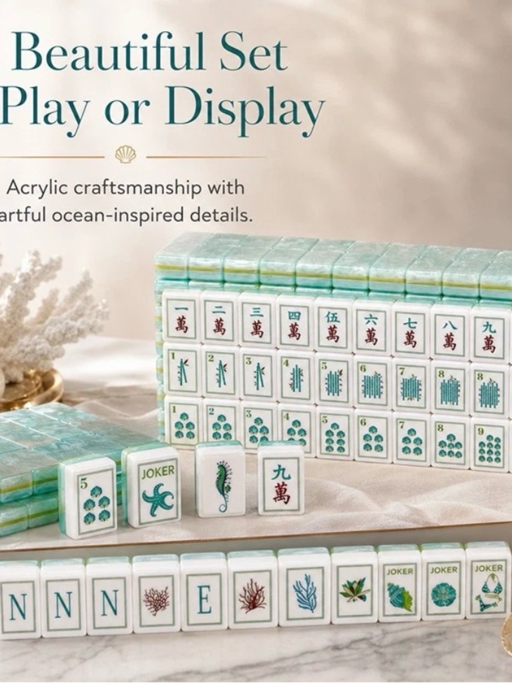 Coastal Pearlescent Mahjong Set in Teal and White — Premium Home Games